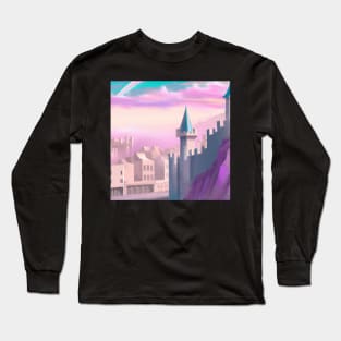 Castle Kingdom With Pink Sky Synthwave Light City Long Sleeve T-Shirt